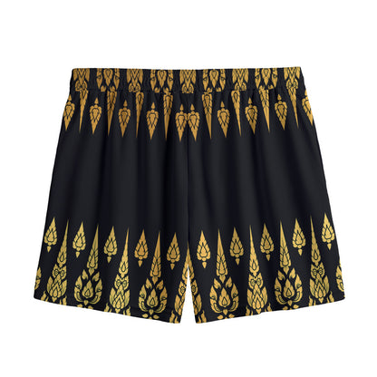Gold And Black Thai Pattern Print Mesh Shorts