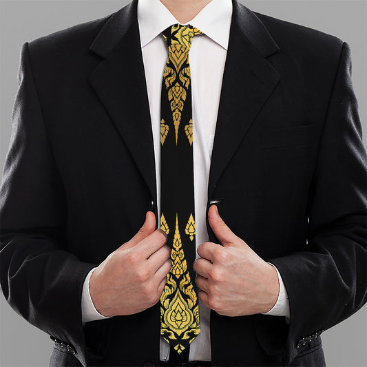 Gold And Black Thai Pattern Print Necktie