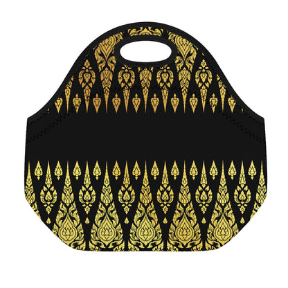 Gold And Black Thai Pattern Print Neoprene Lunch Bag
