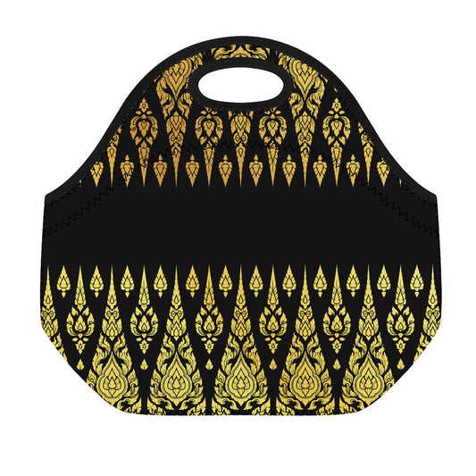 Gold And Black Thai Pattern Print Neoprene Lunch Bag