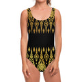 Gold And Black Thai Pattern Print One Piece Swimsuit