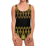 Gold And Black Thai Pattern Print One Piece Swimsuit