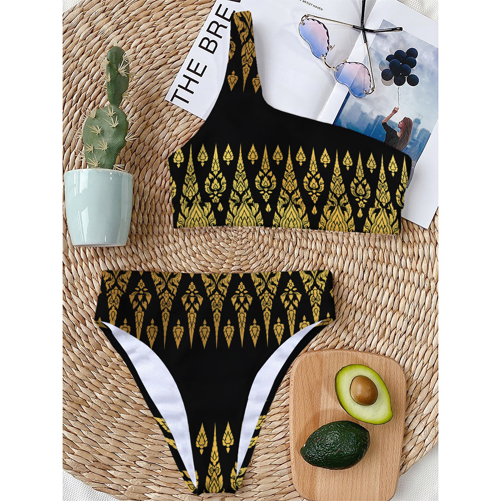 Gold And Black Thai Pattern Print One Shoulder Bikini Top