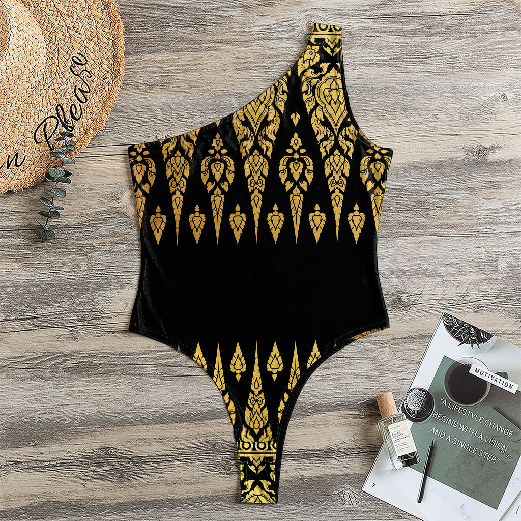 Gold And Black Thai Pattern Print One Shoulder Bodysuit