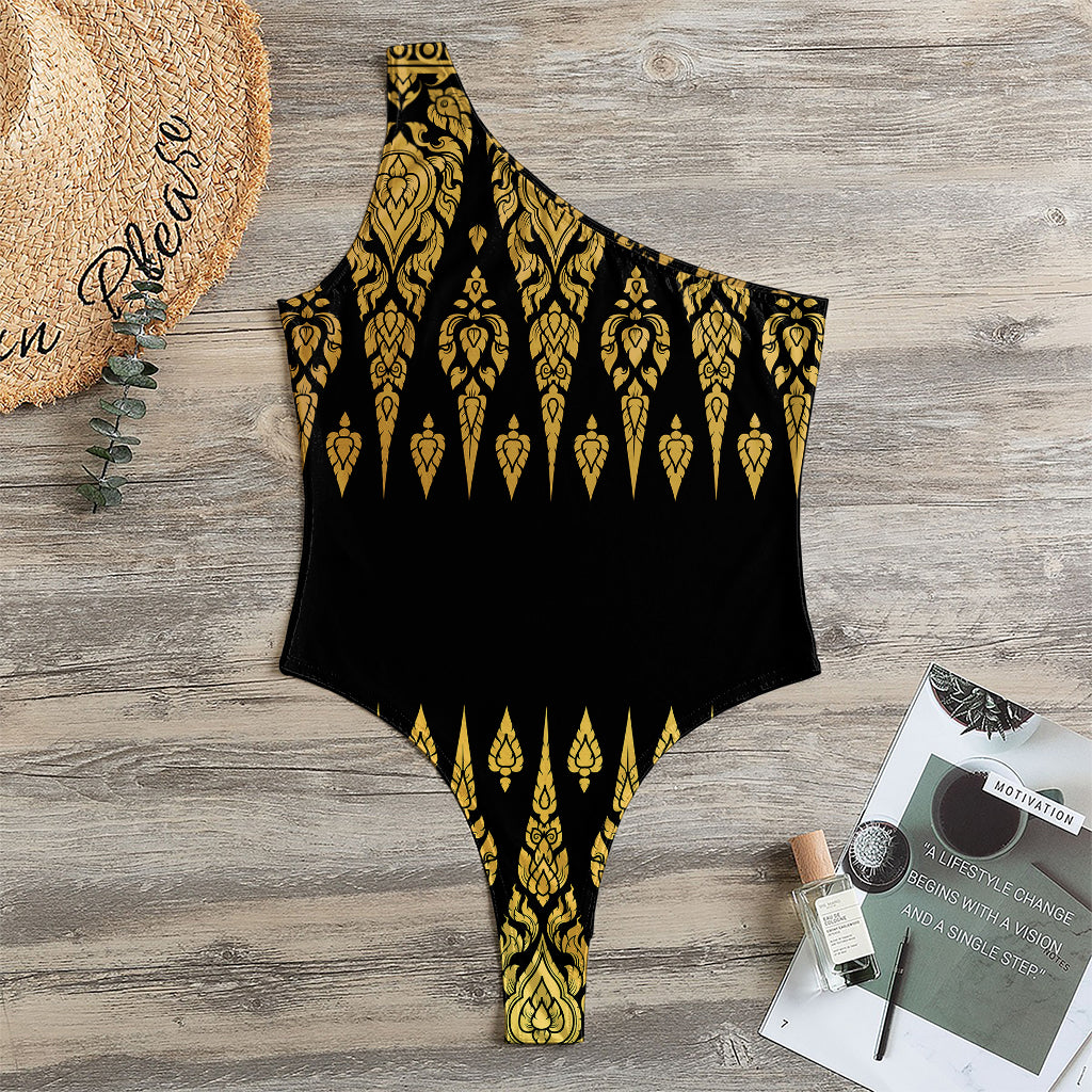 Gold And Black Thai Pattern Print One Shoulder Bodysuit