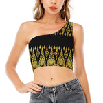 Gold And Black Thai Pattern Print One Shoulder Crop Top