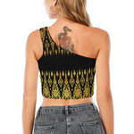 Gold And Black Thai Pattern Print One Shoulder Crop Top