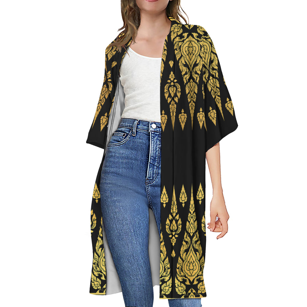 Gold And Black Thai Pattern Print Open Front Beach Cover Up