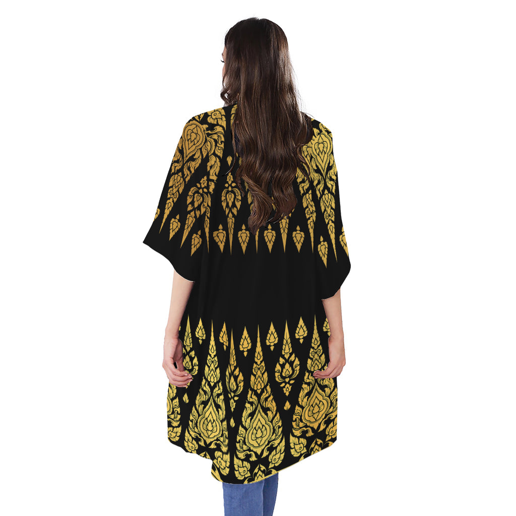 Gold And Black Thai Pattern Print Open Front Beach Cover Up