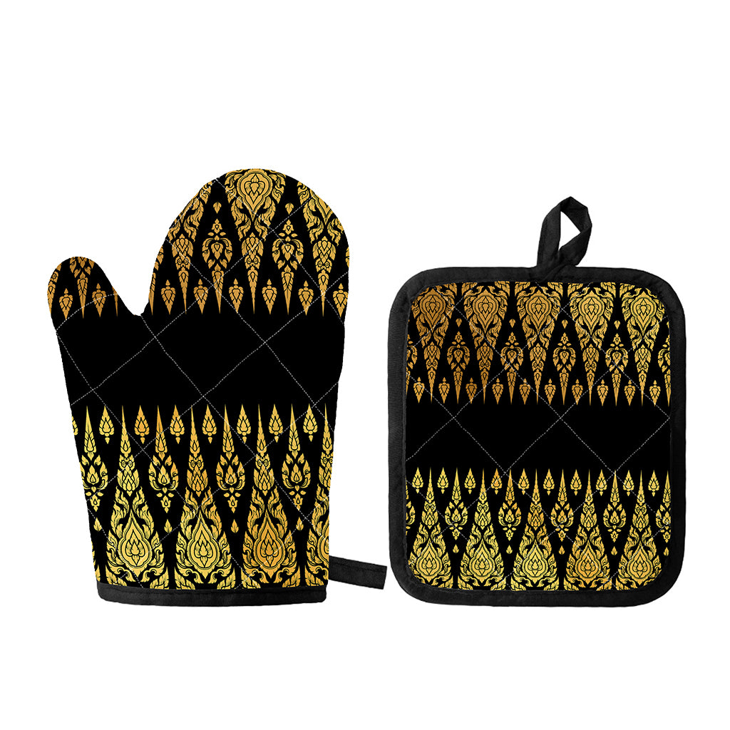 Gold And Black Thai Pattern Print Oven Mitt And Pot Holder Set
