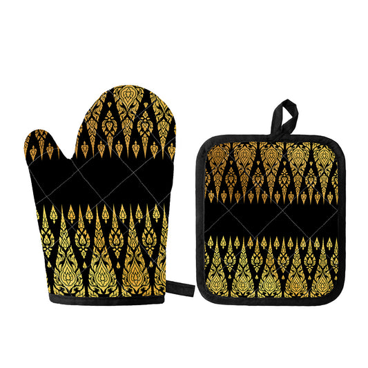 Gold And Black Thai Pattern Print Oven Mitt And Pot Holder Set