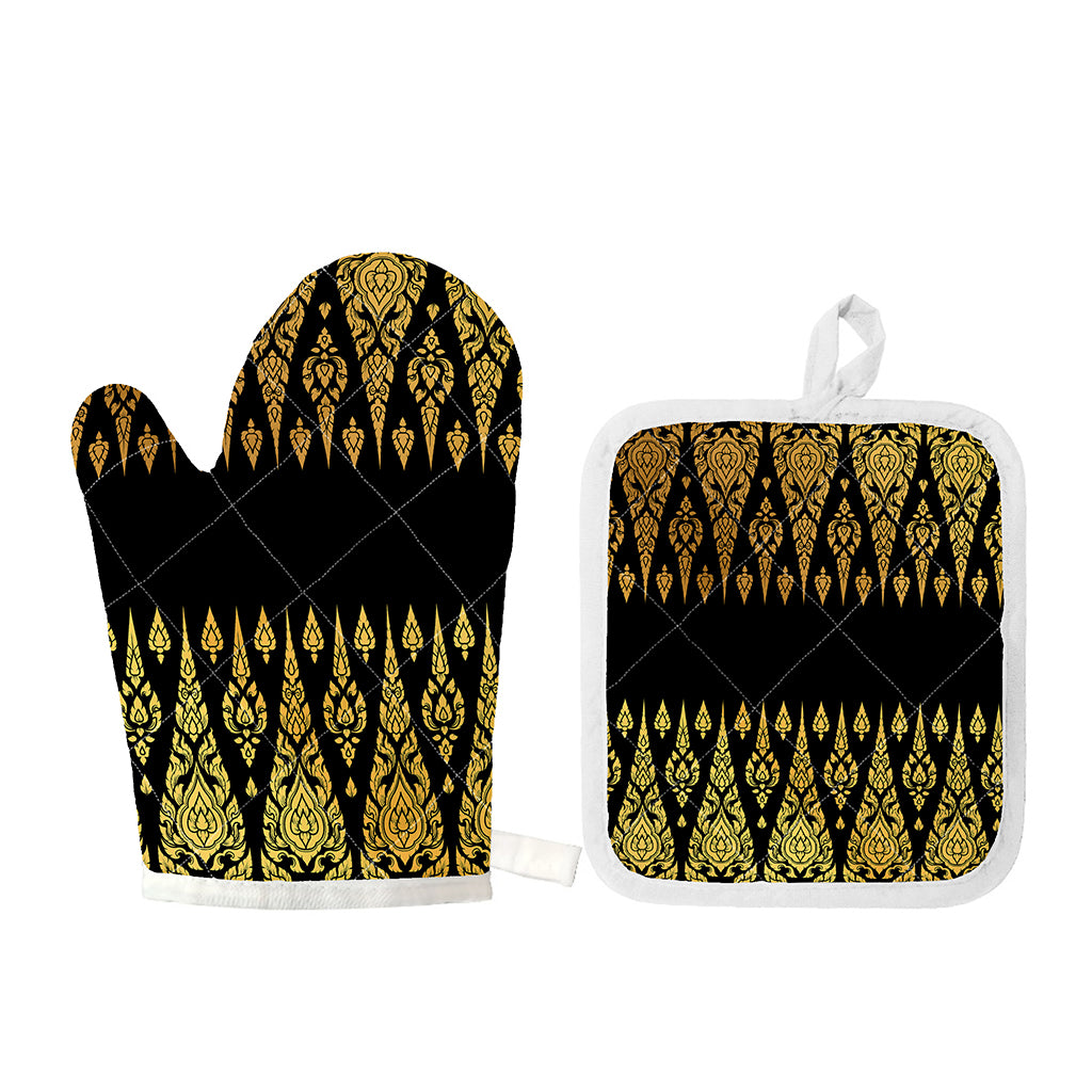 Gold And Black Thai Pattern Print Oven Mitt And Pot Holder Set