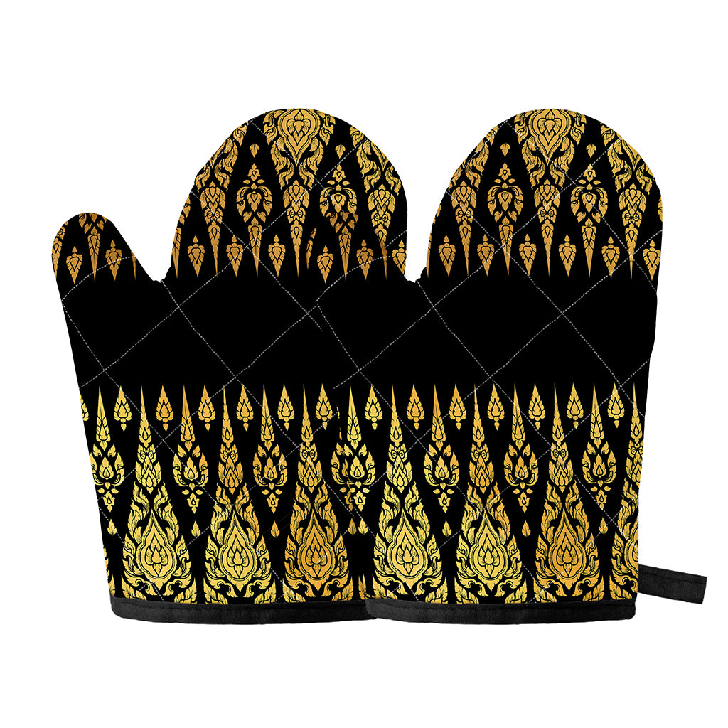 Gold And Black Thai Pattern Print Oven Mitts