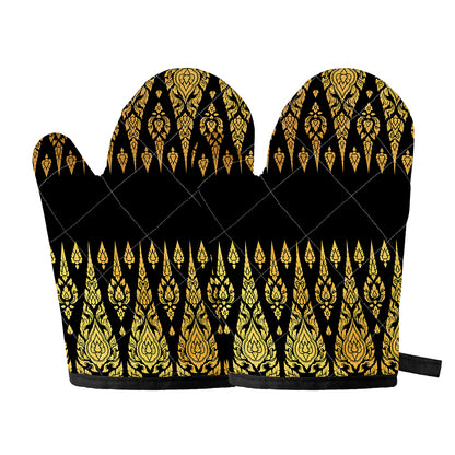 Gold And Black Thai Pattern Print Oven Mitts
