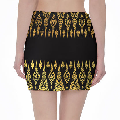 Gold And Black Thai Pattern Print Pencil Mini Skirt