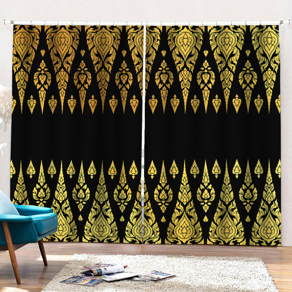 Gold And Black Thai Pattern Print Pencil Pleat Curtains