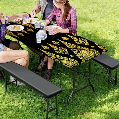 Gold And Black Thai Pattern Print Picnic Table Cover
