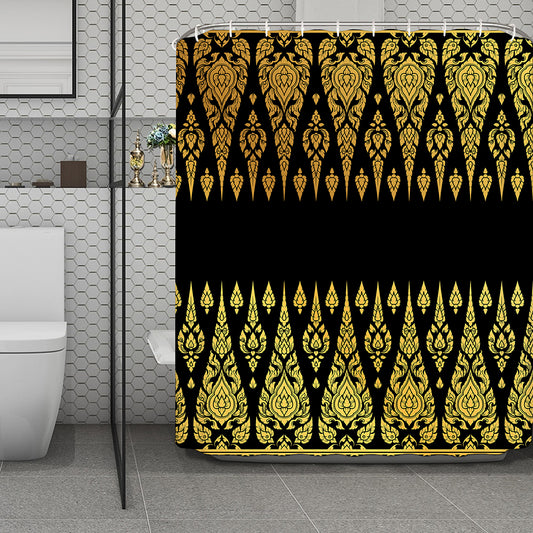 Gold And Black Thai Pattern Print Polyester Shower Curtain