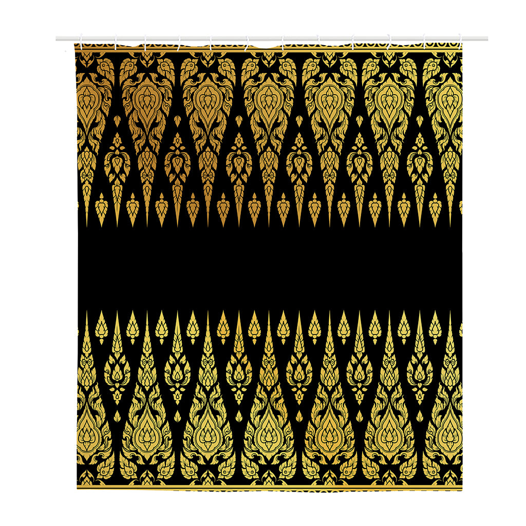 Gold And Black Thai Pattern Print Polyester Shower Curtain