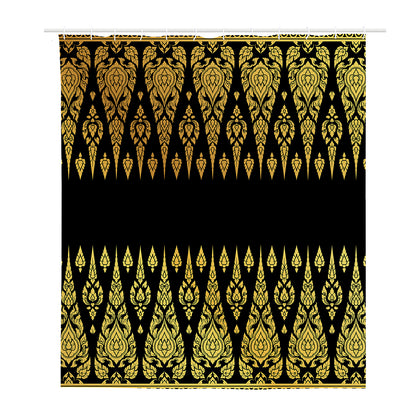 Gold And Black Thai Pattern Print Polyester Shower Curtain
