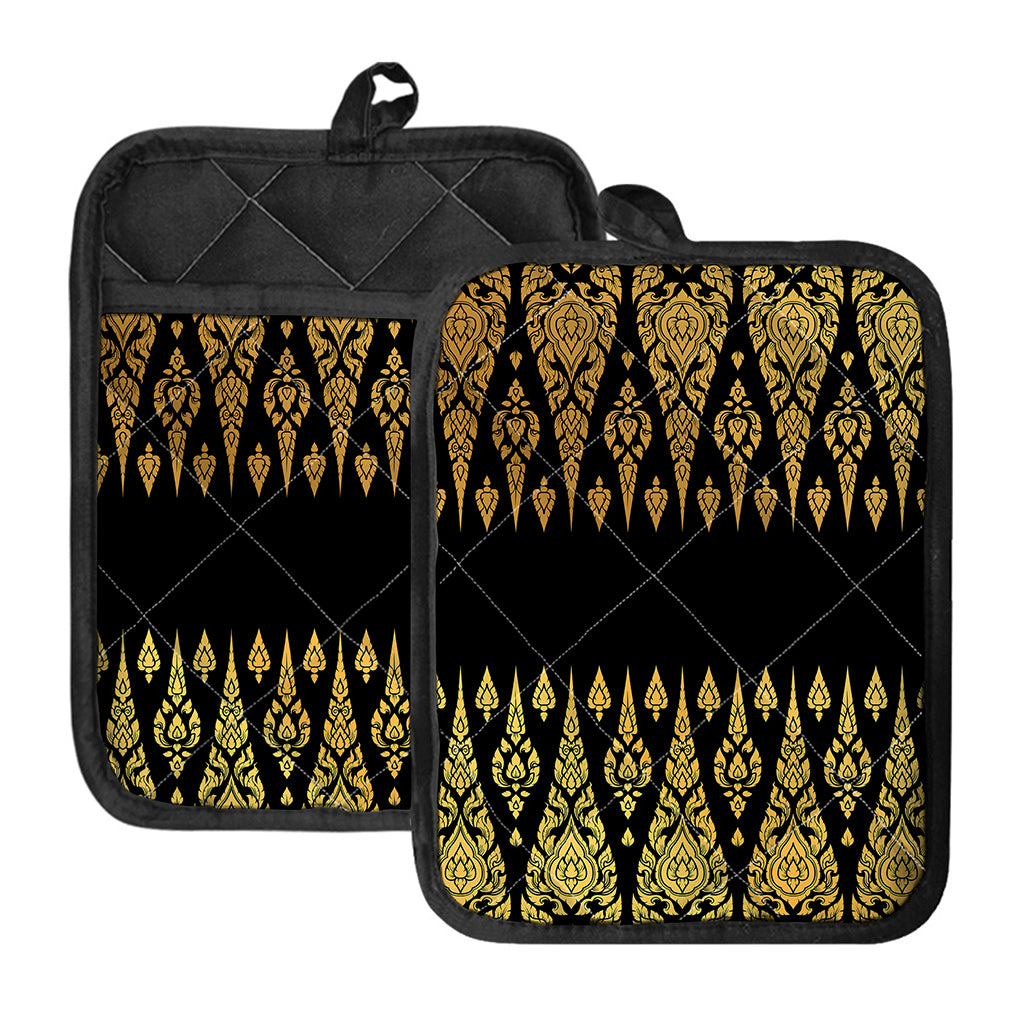 Gold And Black Thai Pattern Print Pot Holders With Pocket