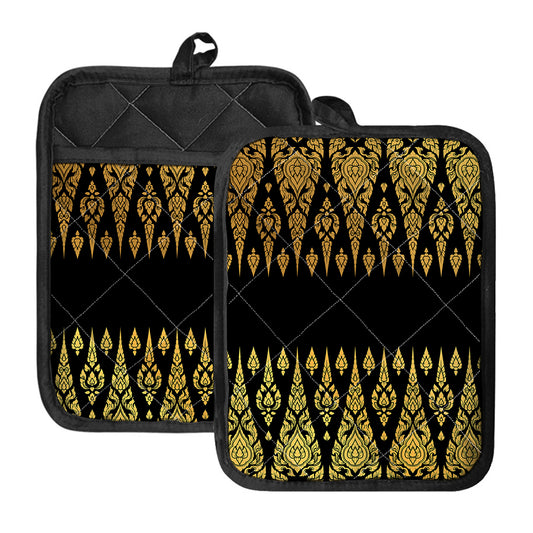 Gold And Black Thai Pattern Print Pot Holders With Pocket