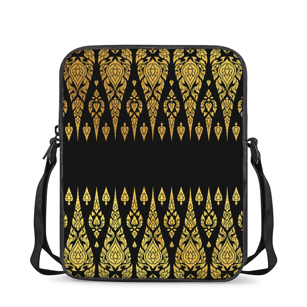 Gold And Black Thai Pattern Print Rectangular Crossbody Bag