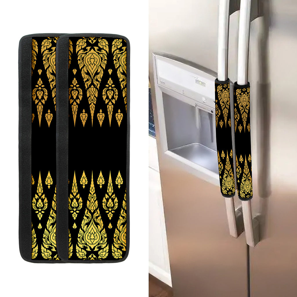 Gold And Black Thai Pattern Print Refrigerator Handle Covers