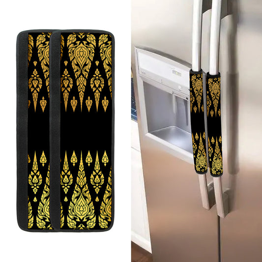 Gold And Black Thai Pattern Print Refrigerator Handle Covers