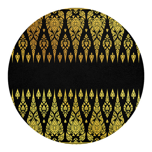 Gold And Black Thai Pattern Print Round Blanket