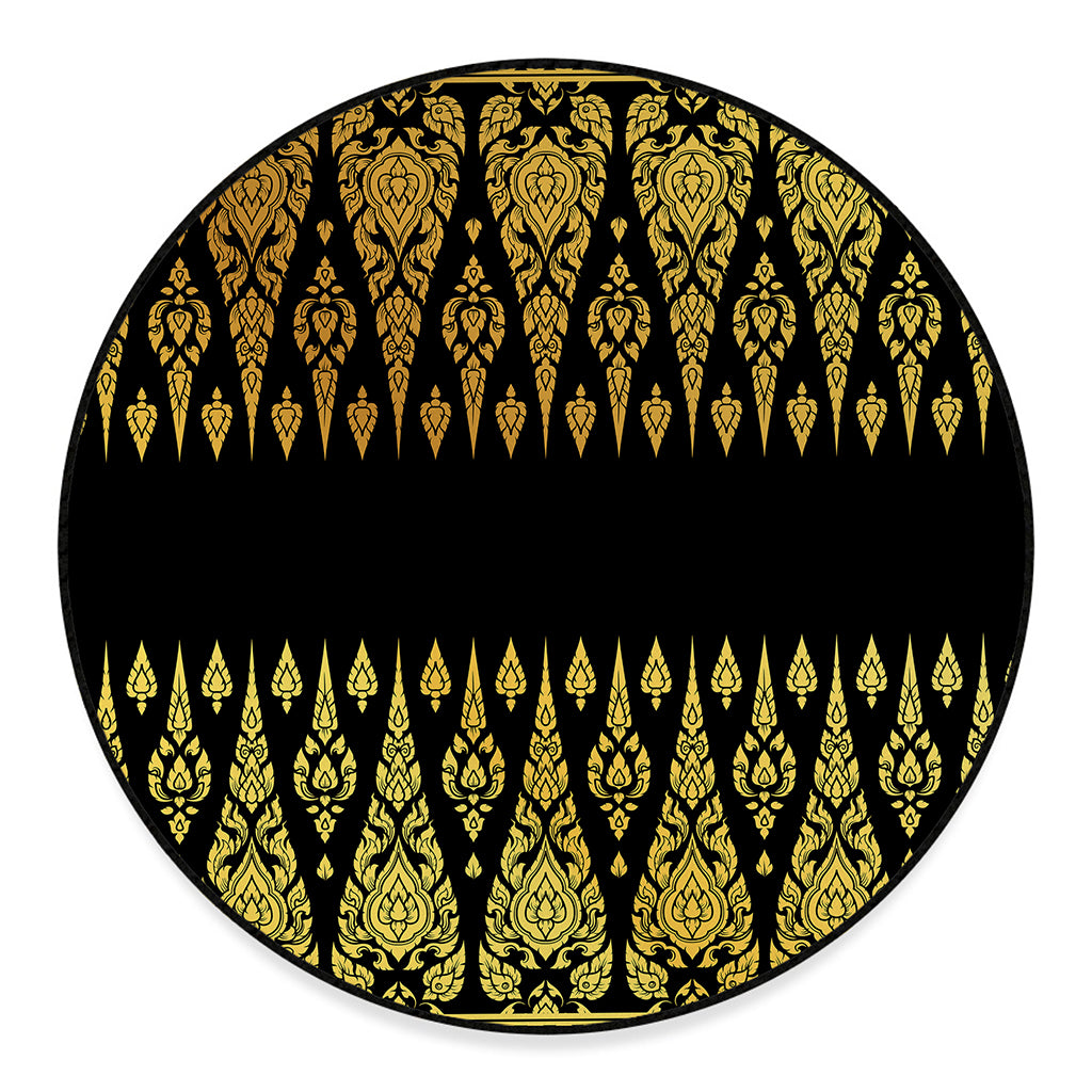 Gold And Black Thai Pattern Print Round Floor Mat