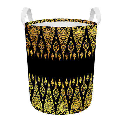 Gold And Black Thai Pattern Print Round Laundry Basket