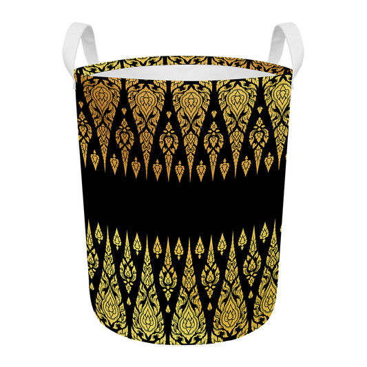 Gold And Black Thai Pattern Print Round Laundry Basket