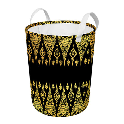 Gold And Black Thai Pattern Print Round Laundry Basket