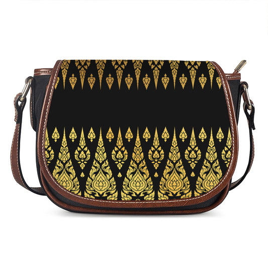 Gold And Black Thai Pattern Print Saddle Bag