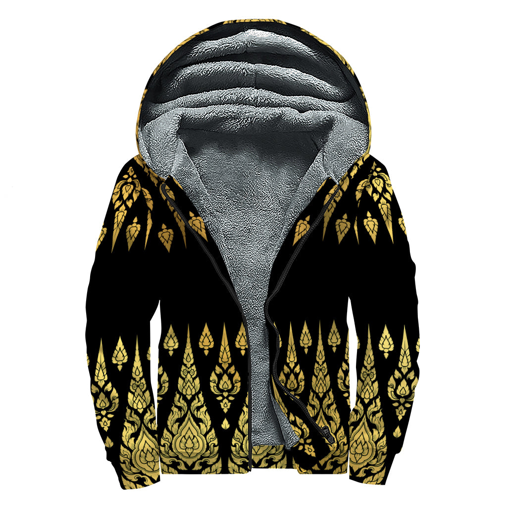 Gold And Black Thai Pattern Print Sherpa Lined Zip Up Hoodie