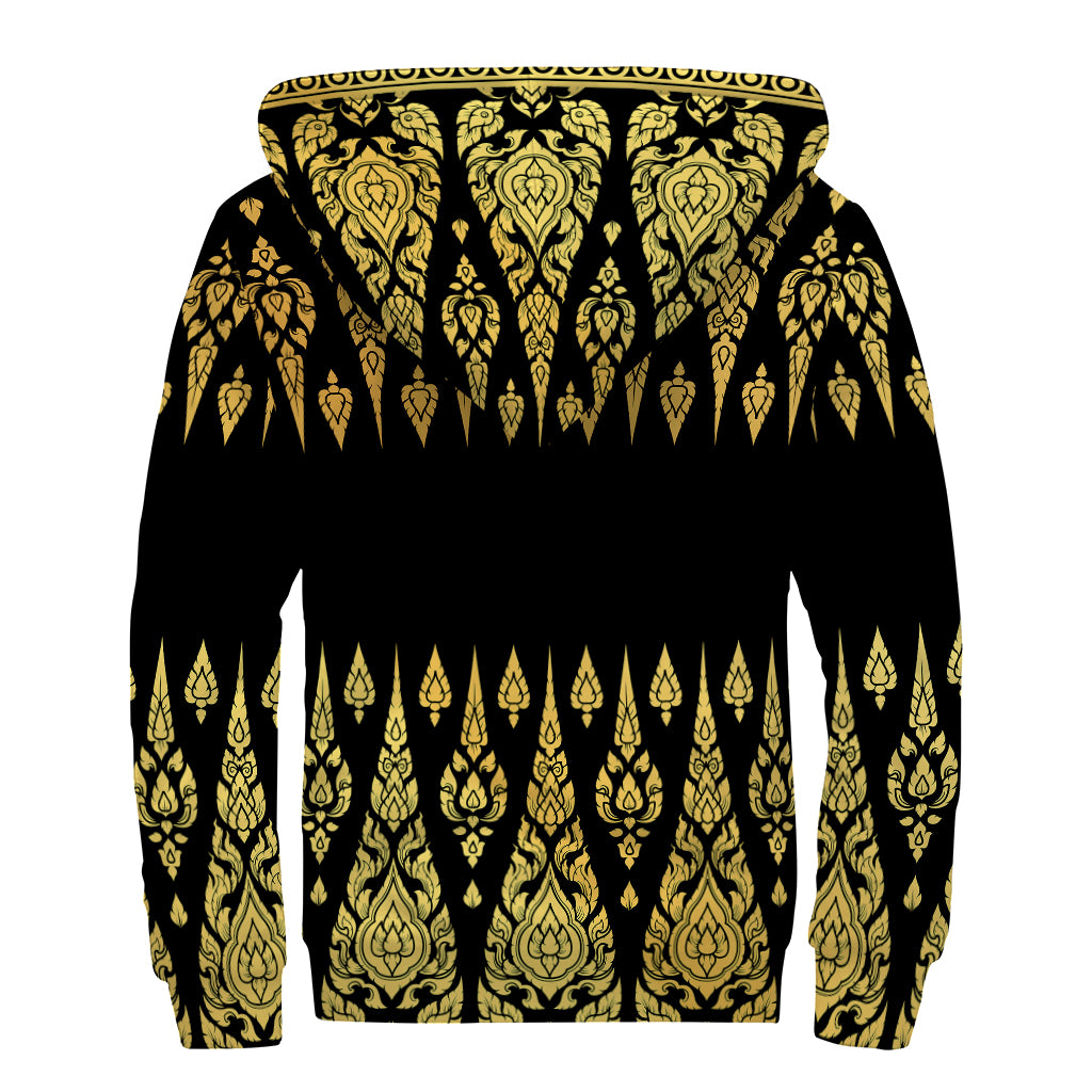 Gold And Black Thai Pattern Print Sherpa Lined Zip Up Hoodie