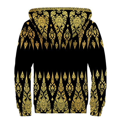 Gold And Black Thai Pattern Print Sherpa Lined Zip Up Hoodie