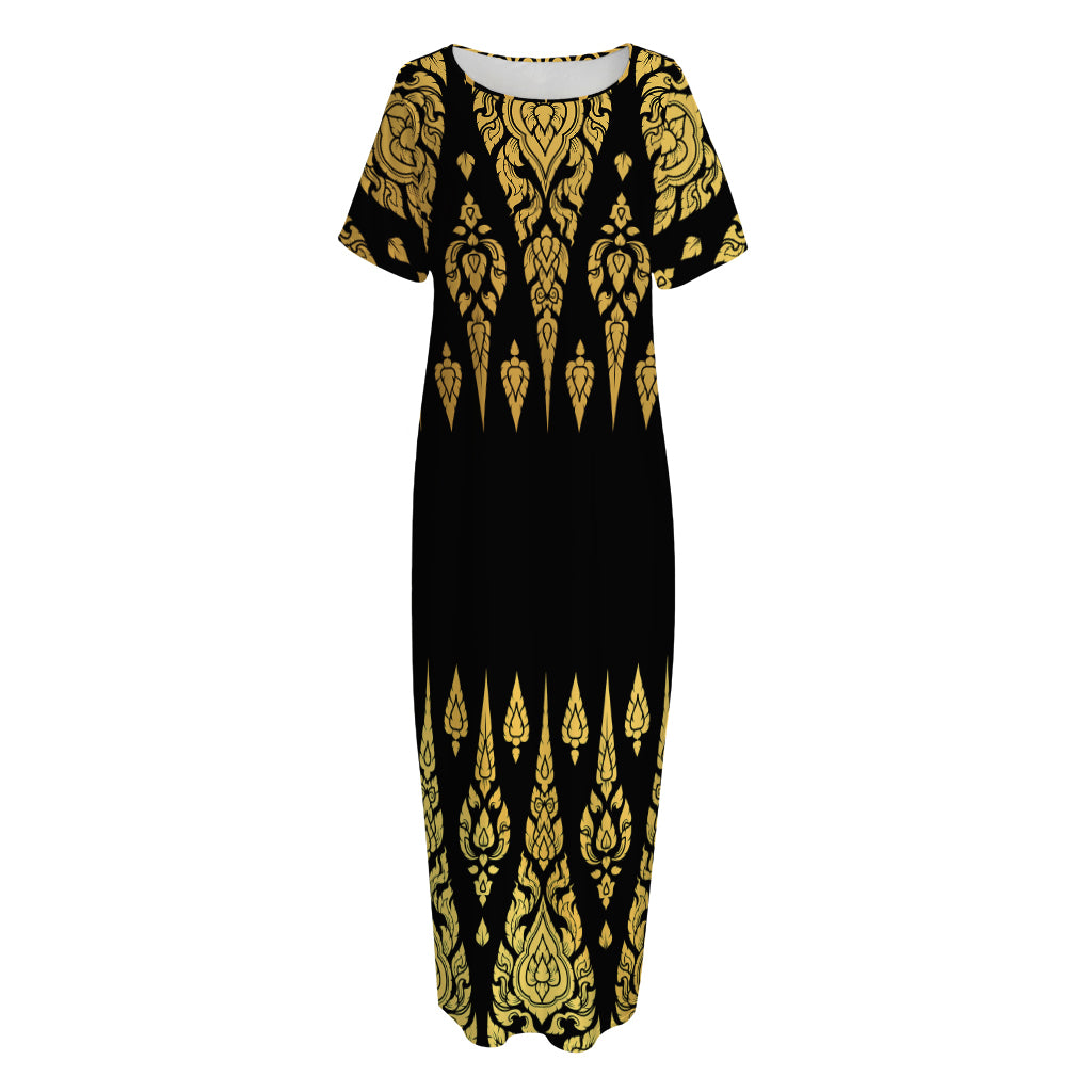 Gold And Black Thai Pattern Print Short Sleeve Long Nightdress