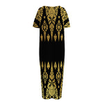 Gold And Black Thai Pattern Print Short Sleeve Long Nightdress