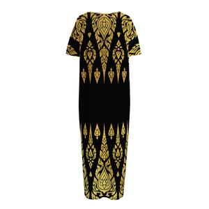 Gold And Black Thai Pattern Print Short Sleeve Long Nightdress