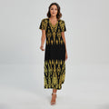 Gold And Black Thai Pattern Print Short Sleeve Maxi Dress