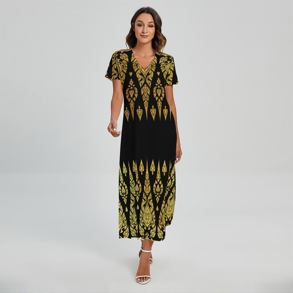 Gold And Black Thai Pattern Print Short Sleeve Maxi Dress