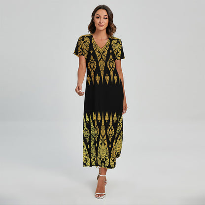 Gold And Black Thai Pattern Print Short Sleeve Maxi Dress