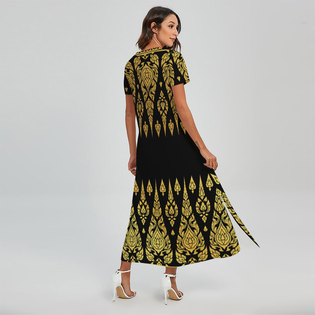 Gold And Black Thai Pattern Print Short Sleeve Maxi Dress