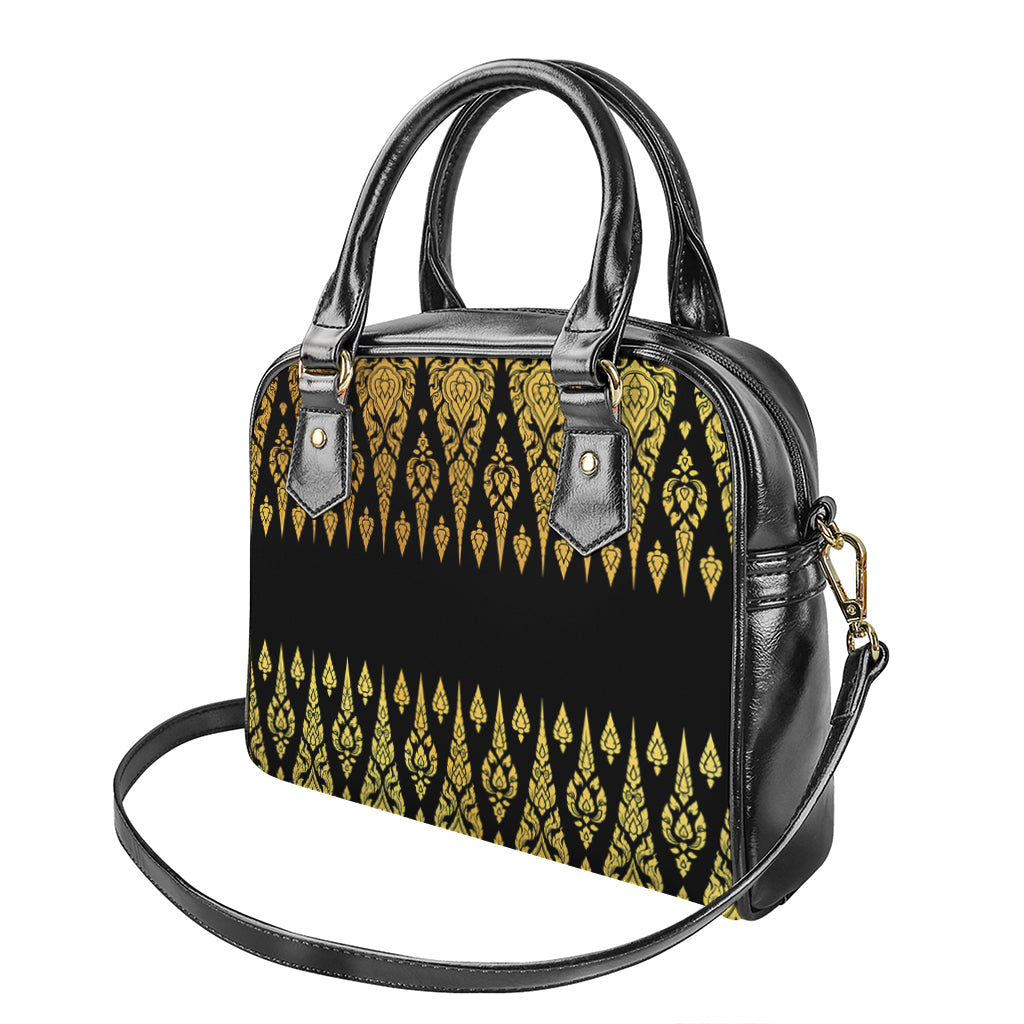 Gold And Black Thai Pattern Print Shoulder Handbag