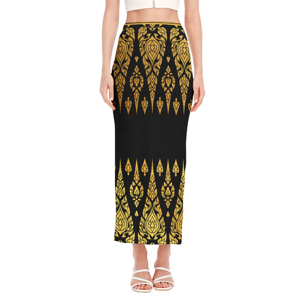 Gold And Black Thai Pattern Print Side Slit Maxi Skirt