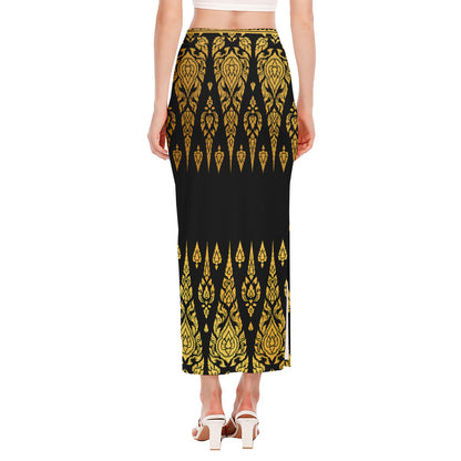 Gold And Black Thai Pattern Print Side Slit Maxi Skirt