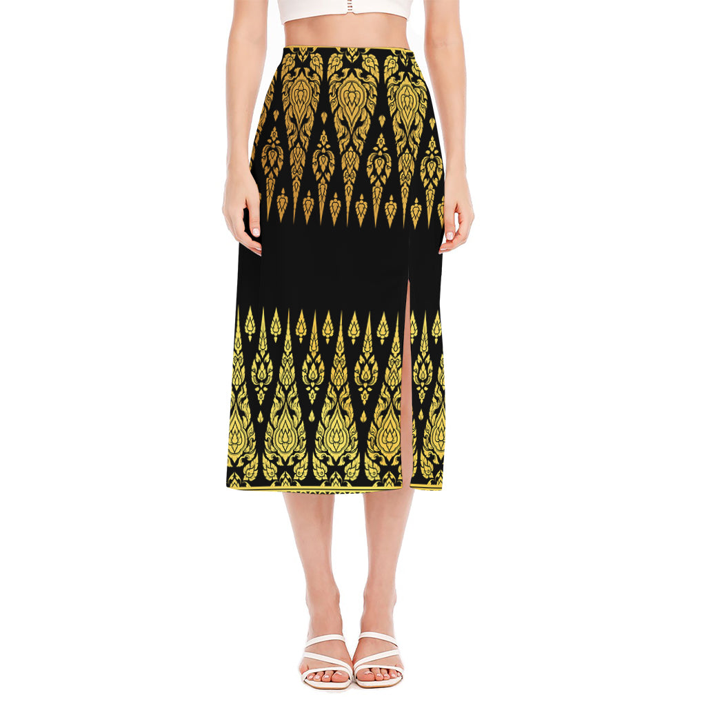 Gold And Black Thai Pattern Print Side Slit Midi Skirt