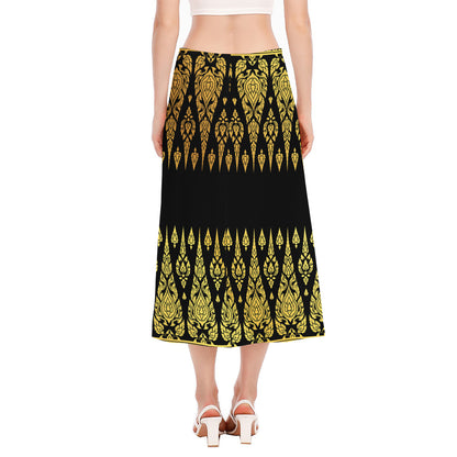 Gold And Black Thai Pattern Print Side Slit Midi Skirt